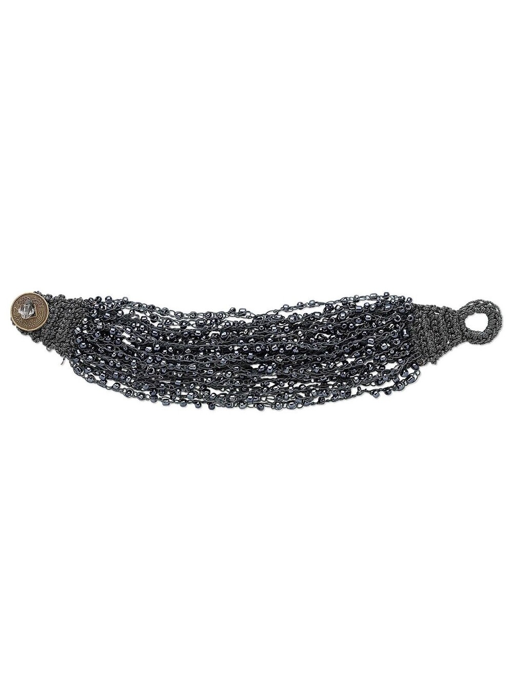 Handcrafted Woven Gunmetal Gray Black Beaded Glass Bracelet with Coin Clasp